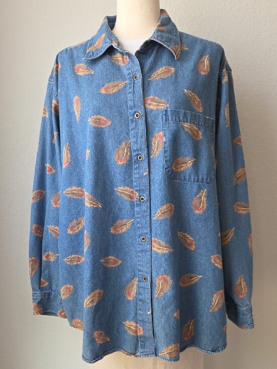 Westbound Tops - Womens 2XL Westbound Blue Denim Button-Down Shirt Feather Western Oversize Fall
